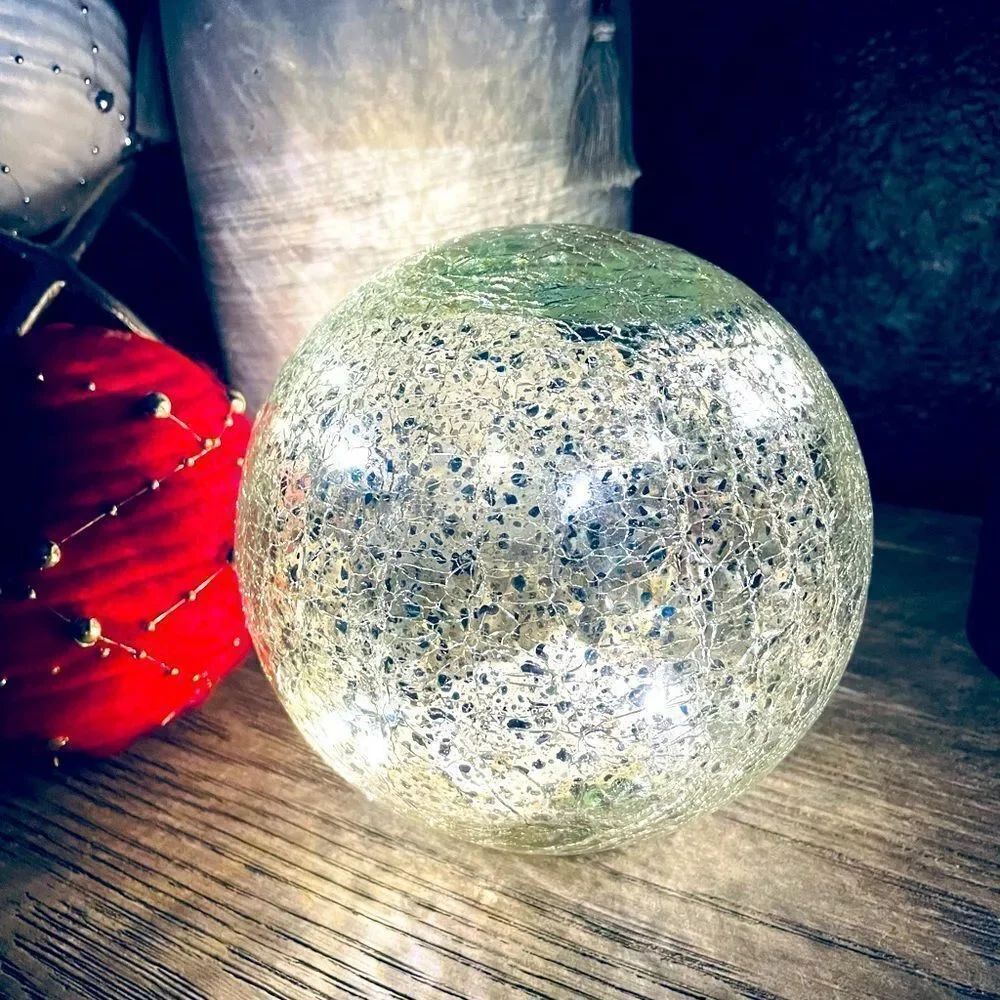 Lighted Crackled Glass Globe Silver Sphere Lamp